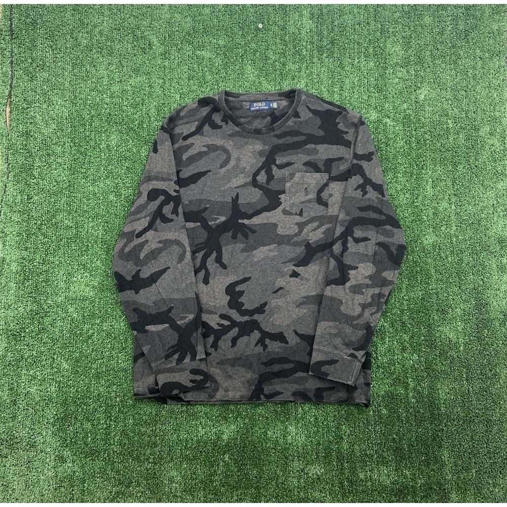 Polo Ralph Lauren Camo T Shirt Mens XL Black Gray Long Sleeve Pony Boxy Fit